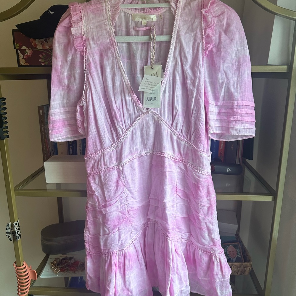 NWT LoveShackFancy Pink Ruffled Wrap Sundress with Puff Sleeves